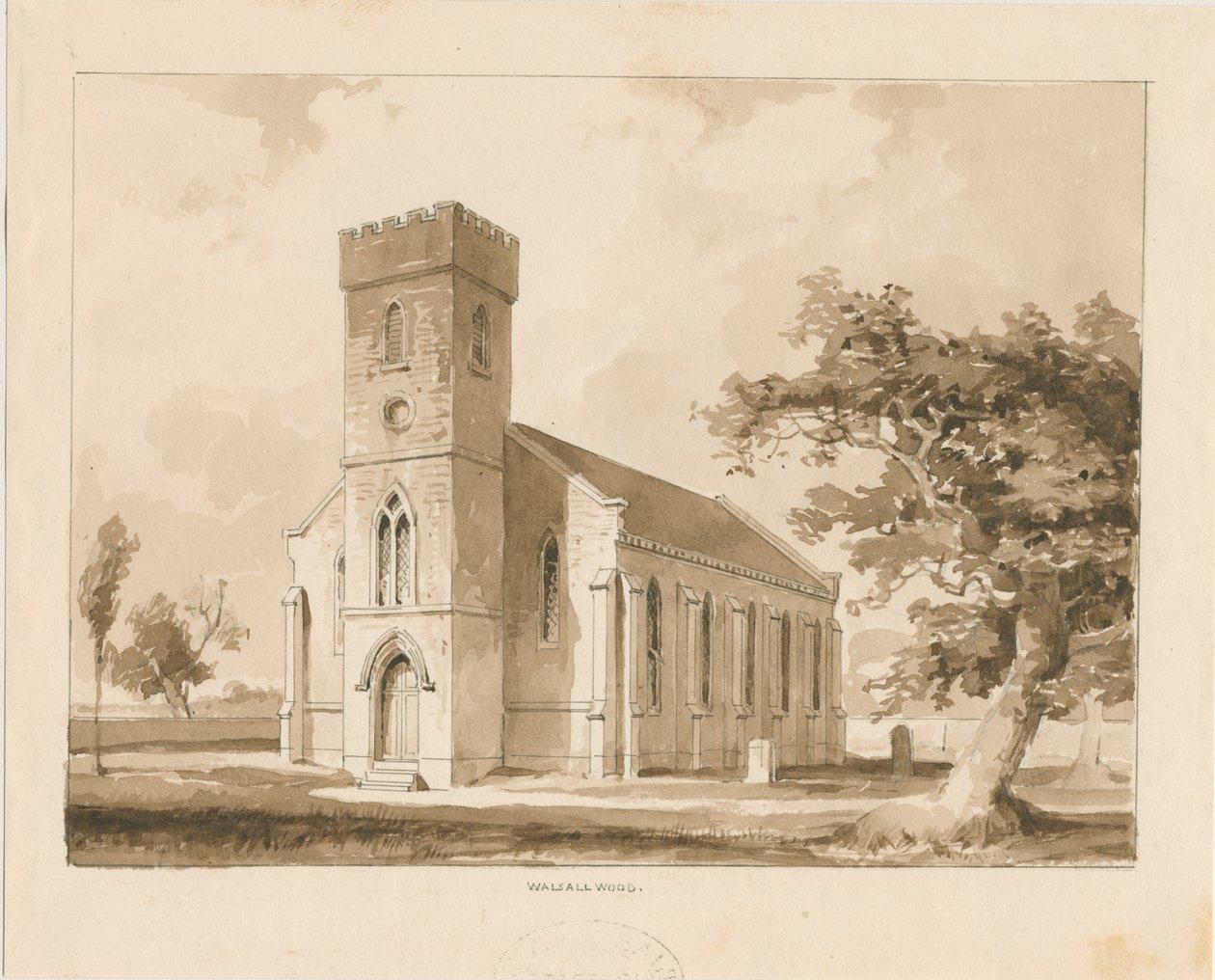 Walsall Wood Kirche: Sepia-Zeichnung, undatiert [1817-1845] von Thomas Peploe Wood