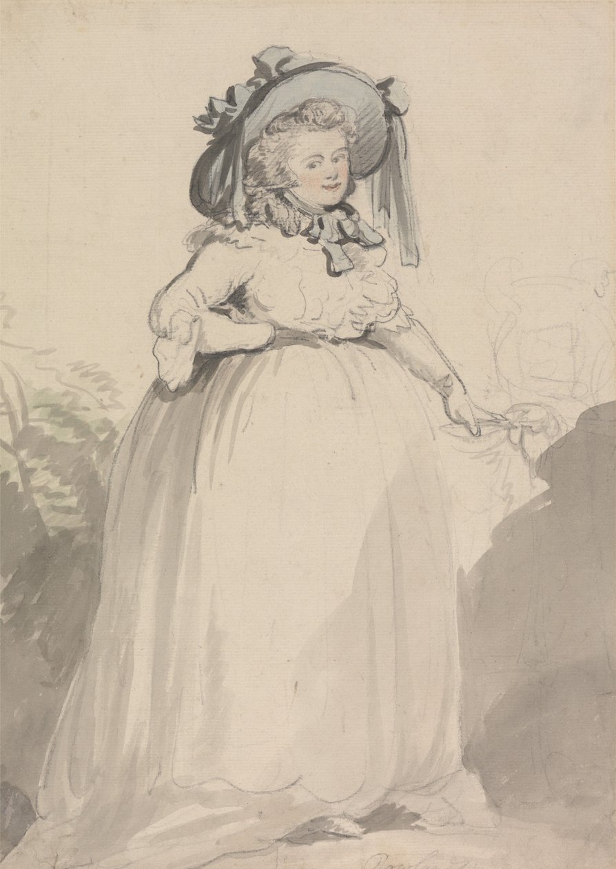 Eine Dame in einem weißen Kleid, mit einem blauen Hut von Thomas Rowlandson