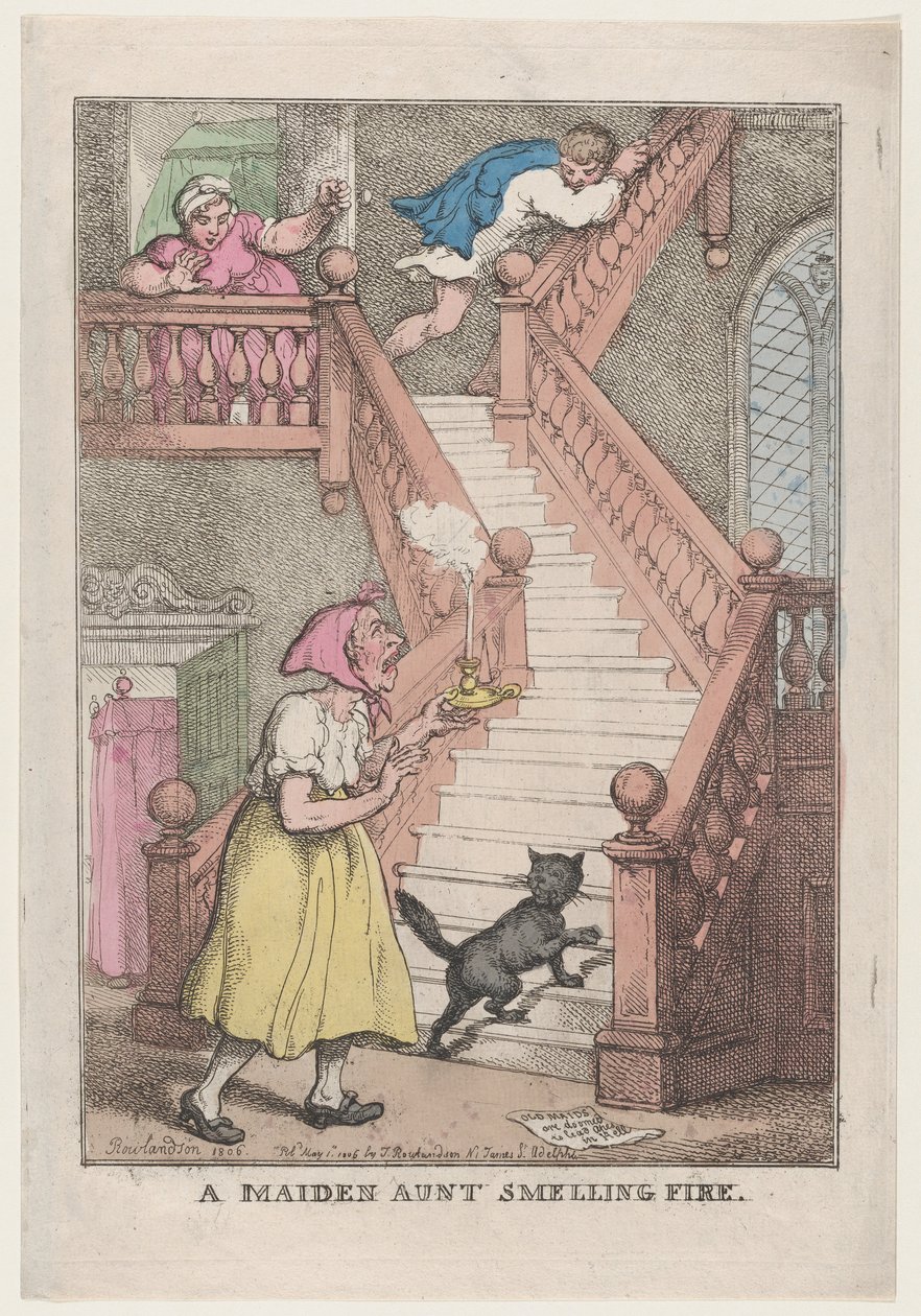 Eine alte Jungfer riecht Feuer von Thomas Rowlandson