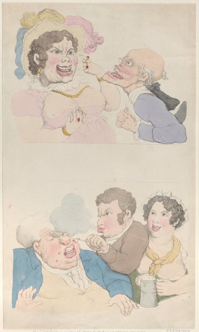 Ein Mann wird von einer Frau verführt und raucht einen Kunden von Thomas Rowlandson