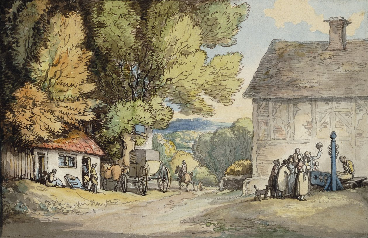 Ein Dorfplatz: eine Kutsche hält unter einem Baum, mit einem Mann im Pranger und einer Gruppe von Zuschauern von Thomas Rowlandson