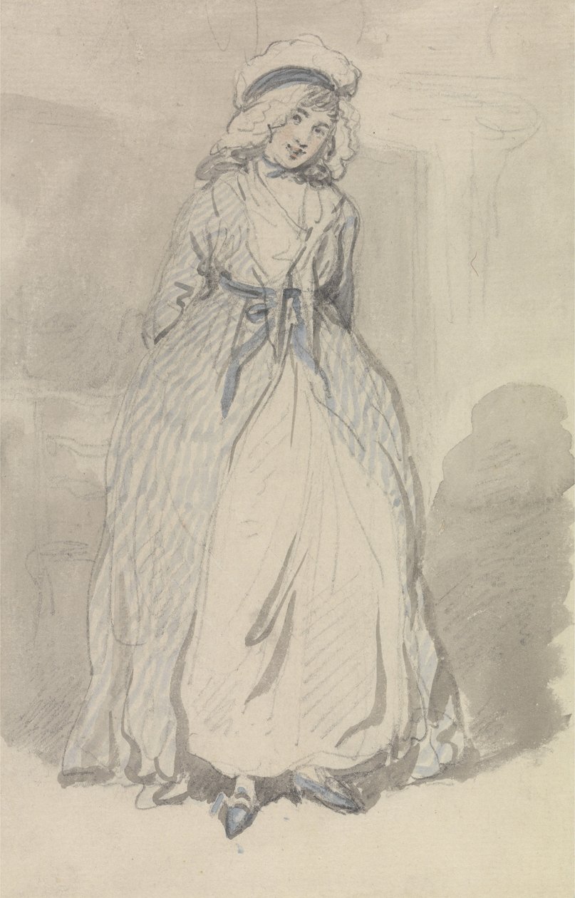 Eine junge Frau in einem blau gestreiften Kleid von Thomas Rowlandson