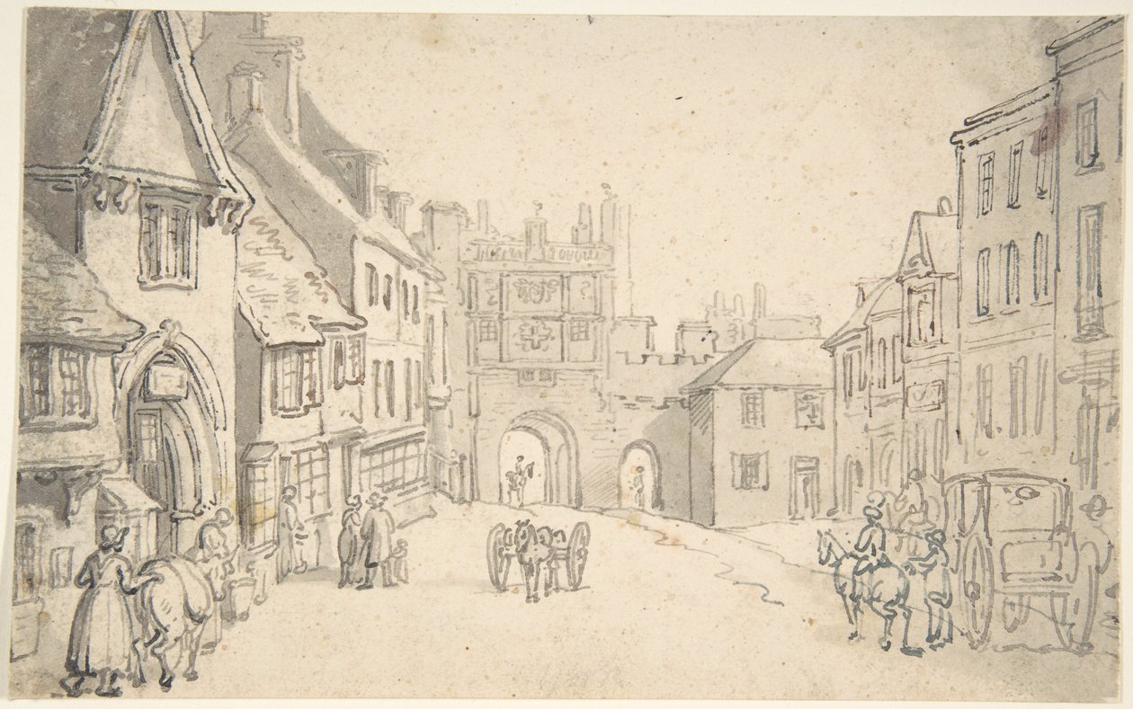 Stadtansicht mit mittelalterlichem Tor (vielleicht York) von Thomas Rowlandson