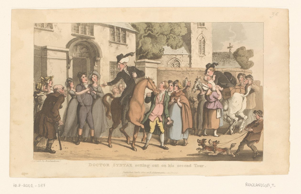 Doktor Syntax verlässt auf seinem Pferd das Dorf von Thomas Rowlandson