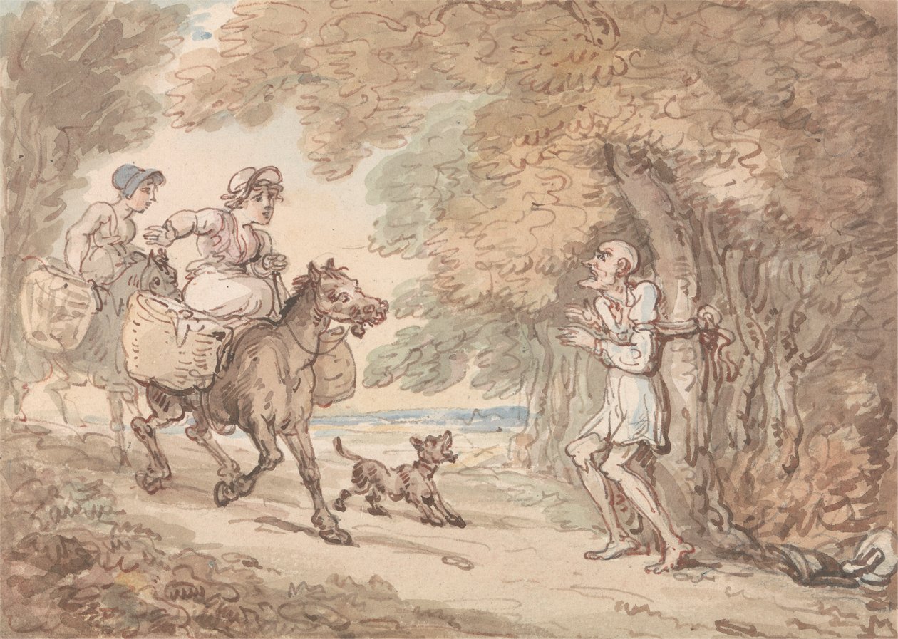 Dr. Syntax von Straßenräubern an einen Baum gebunden von Thomas Rowlandson