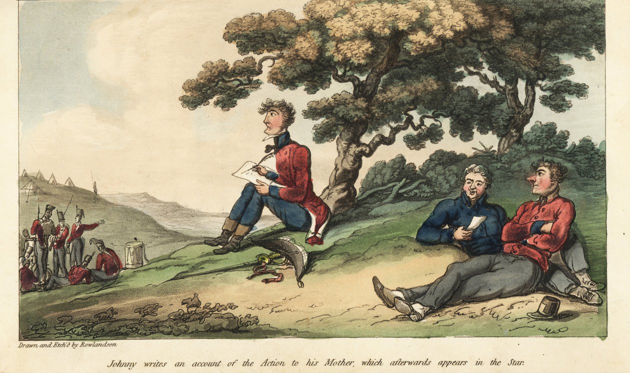 Fähnrich Johnny Newcome schreibt einen Brief an seine Mutter über die Schlacht von Salamanca von Thomas Rowlandson