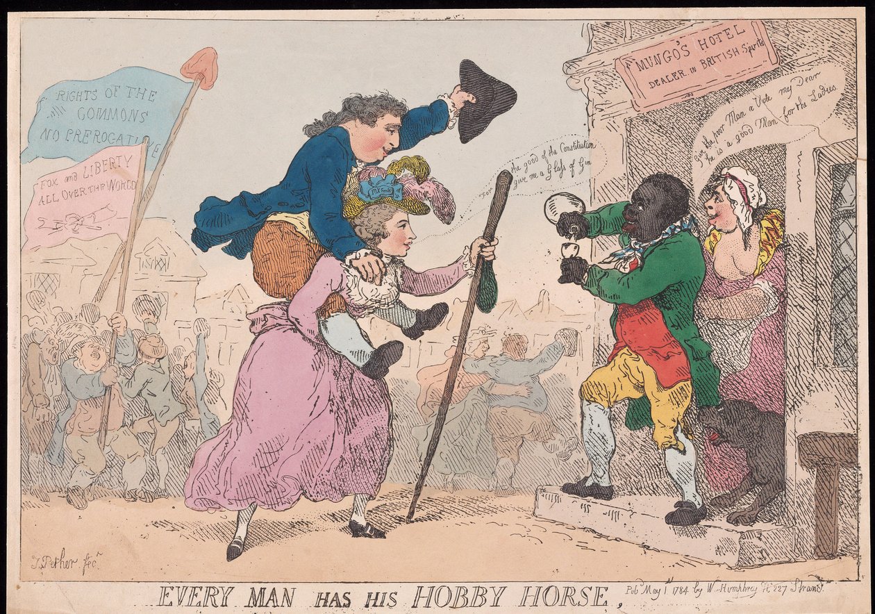 Jeder Mann hat sein Steckenpferd, veröffentlicht 1784 (handkolorierter Stich) von Thomas Rowlandson