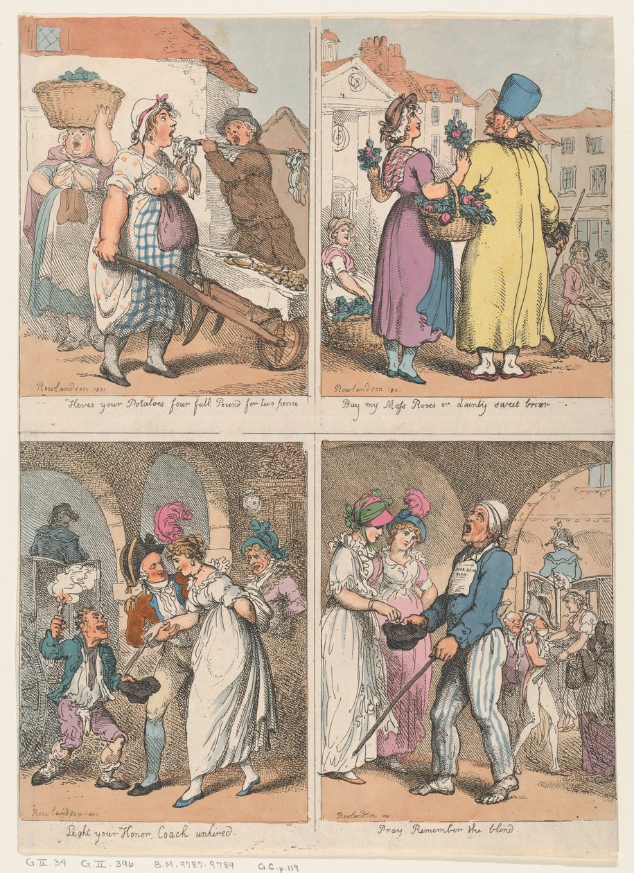 Vier Szenen aus der Serie Cries of London: Hier sind Ihre Kartoffeln..., Kaufen Sie mein Moos..., 1. August 1801 von Thomas Rowlandson