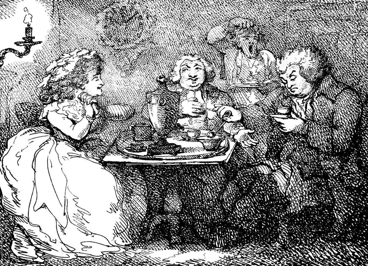 James Boswell, seine Frau und Dr. Johnson beim Tee in Edinburgh, 1773, 1786 von Thomas Rowlandson
