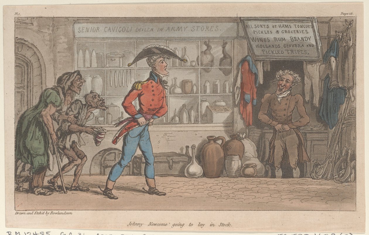 Johnny Newcome geht Vorräte kaufen, aus Die militärischen Abenteuer von Johnny Newcome von Thomas Rowlandson