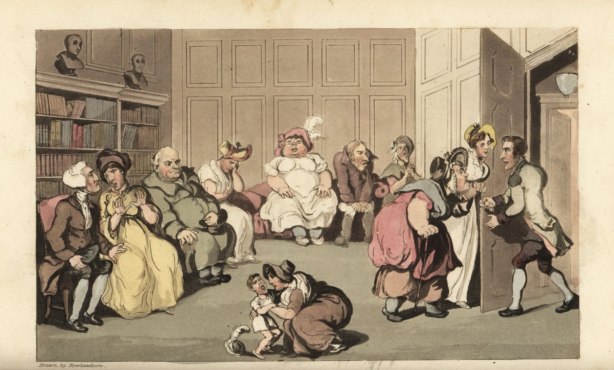 Johnny mit anderen Patienten im Wartezimmer des Quacksalbers Anodyne. Handkolorierter Kupferstich von Thomas Rowlandson aus William Combes The History of Johnny Quae Genus, the Little Foundling of the late Doctor Syntax. von Thomas Rowlandson
