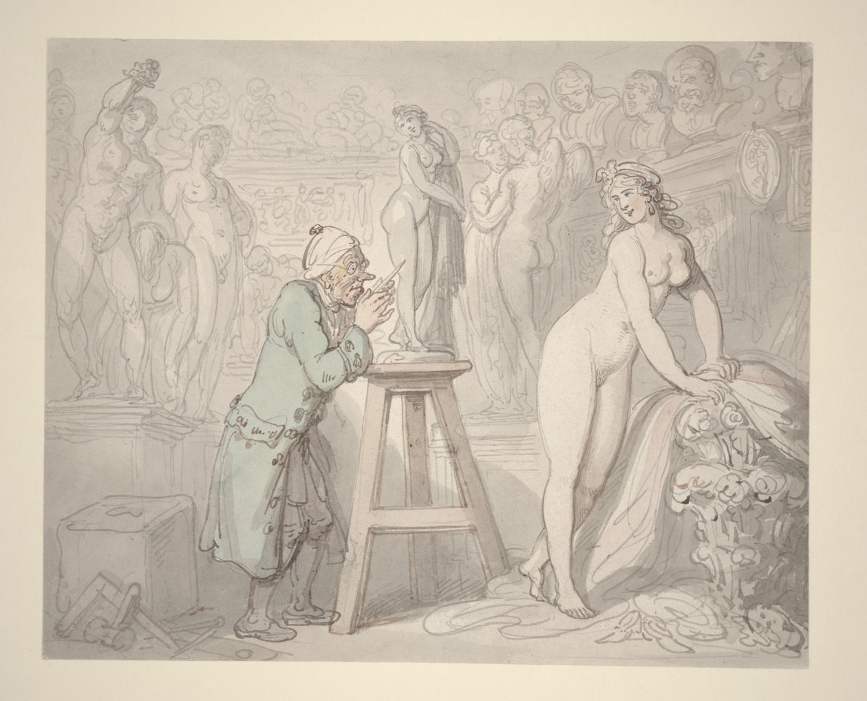 Joseph Nollekens in seinem Atelier, ca. 1810 von Thomas Rowlandson