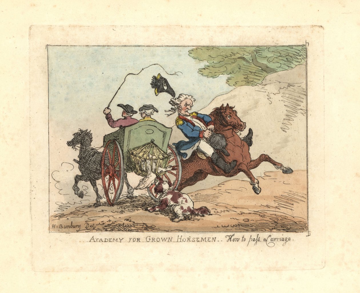 Mann verliert die Kontrolle über sein Pferd beim Vorbeifahren an einer Kutsche von Thomas Rowlandson