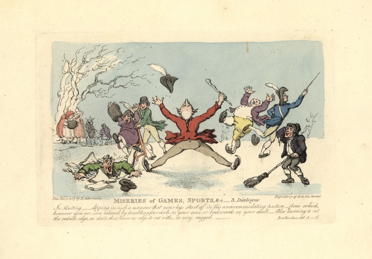 Männer fallen auf Schlittschuhen, ein anderer fällt durchs Eis von Thomas Rowlandson