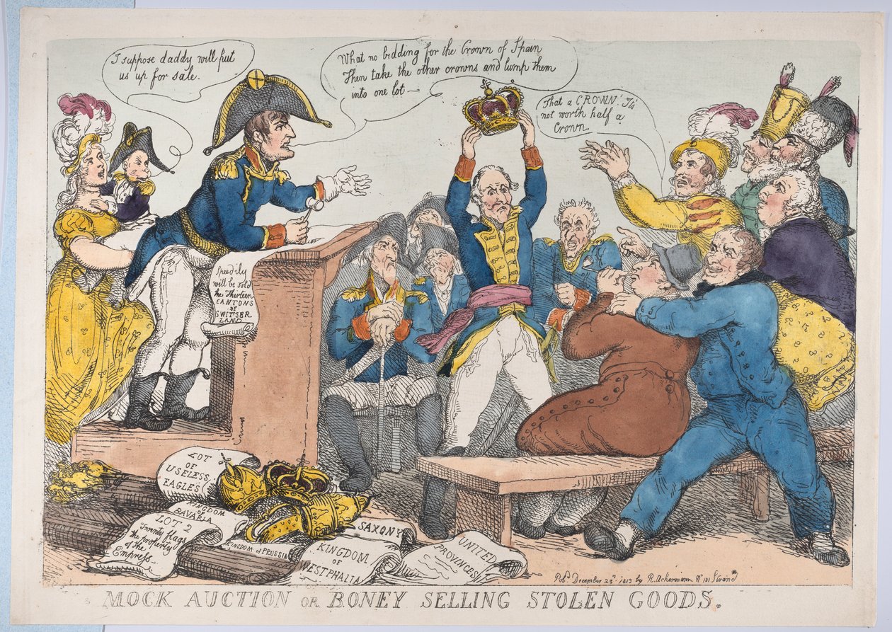 Scheinauktion oder Boney verkauft gestohlene Waren, 25. Dezember 1813 von Thomas Rowlandson