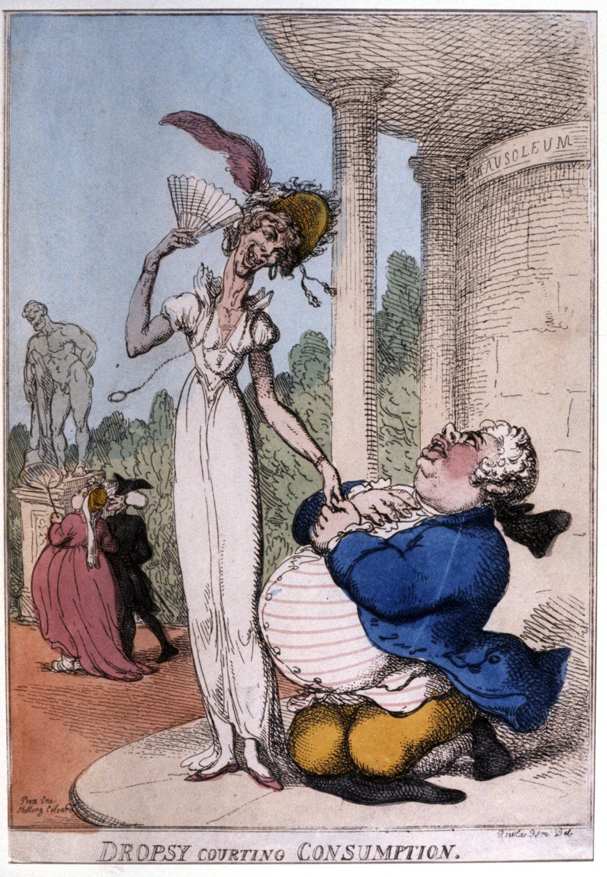 Fettleibiger Mann umwirbt einen Tuberkulosepatienten: Wassersucht und Schwindsucht, frühes 19. Jahrhundert (Karikatur) von Thomas Rowlandson