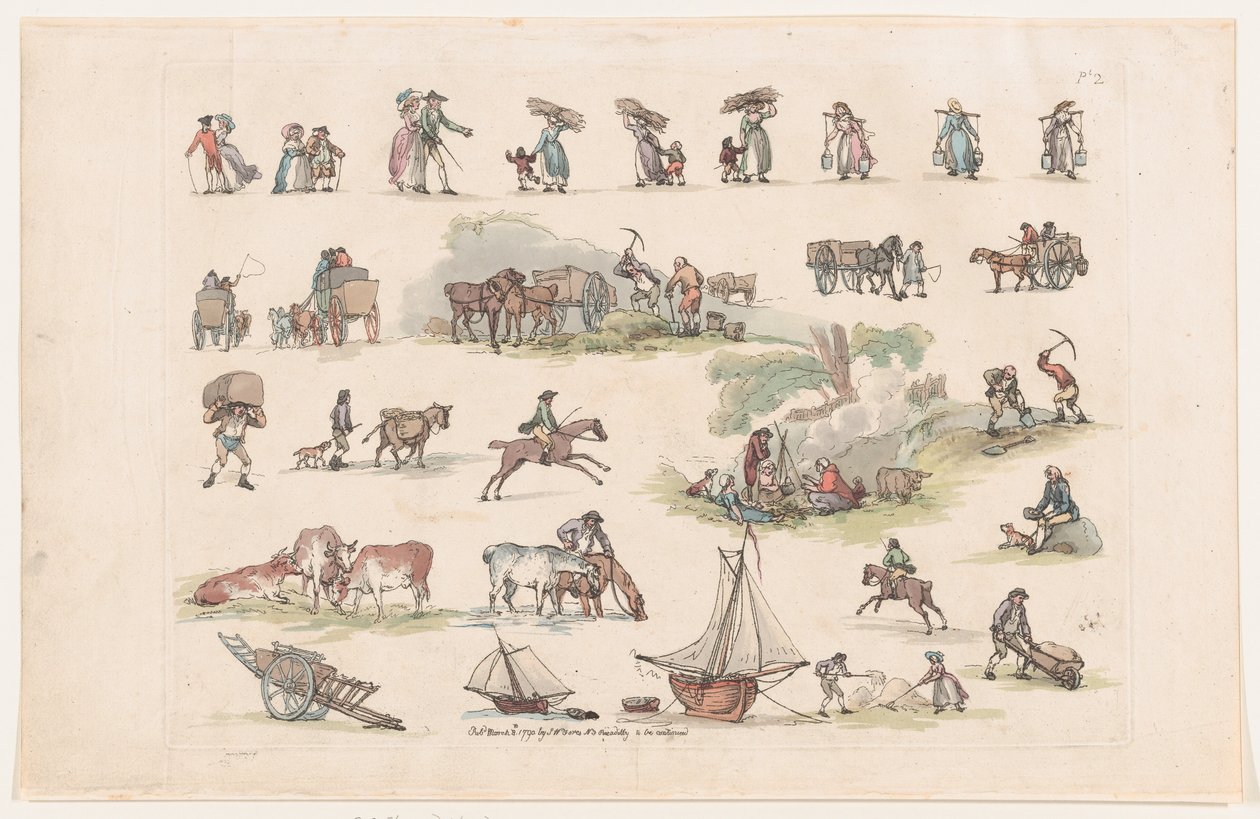 Tafel 2, Umrisse von Figuren, Landschaften und Vieh... für Lernende von Thomas Rowlandson
