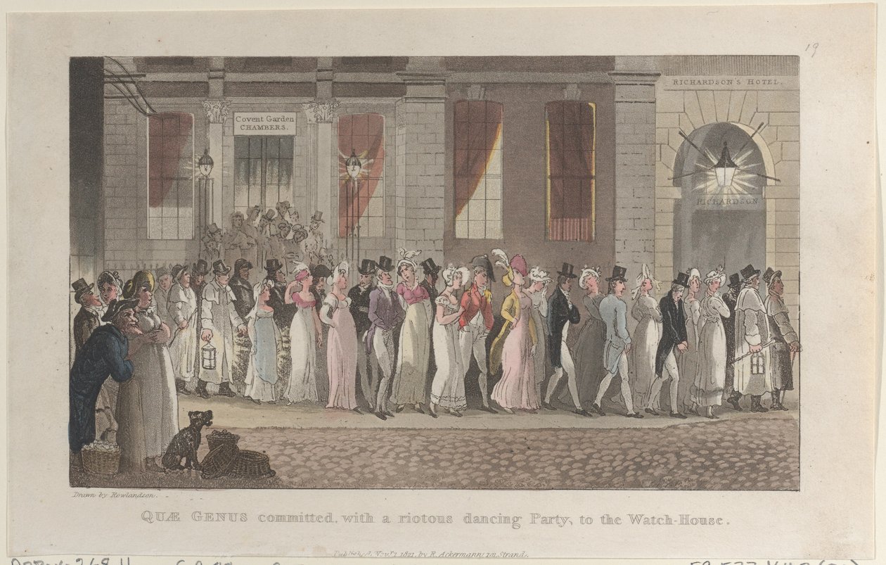 Quae Genus verhaftet, mit einer ausgelassenen Tanzparty, ins Wachhaus, aus..., 1. November 1821 von Thomas Rowlandson