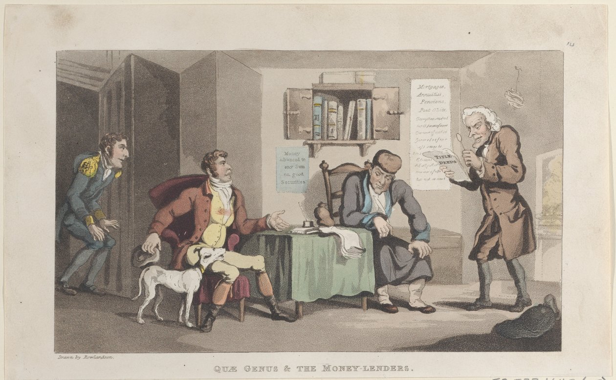 Quae Genus & Die Geldverleiher, aus Die Geschichte von Johnny Quae Genus, The L..., 1. September 1821 von Thomas Rowlandson