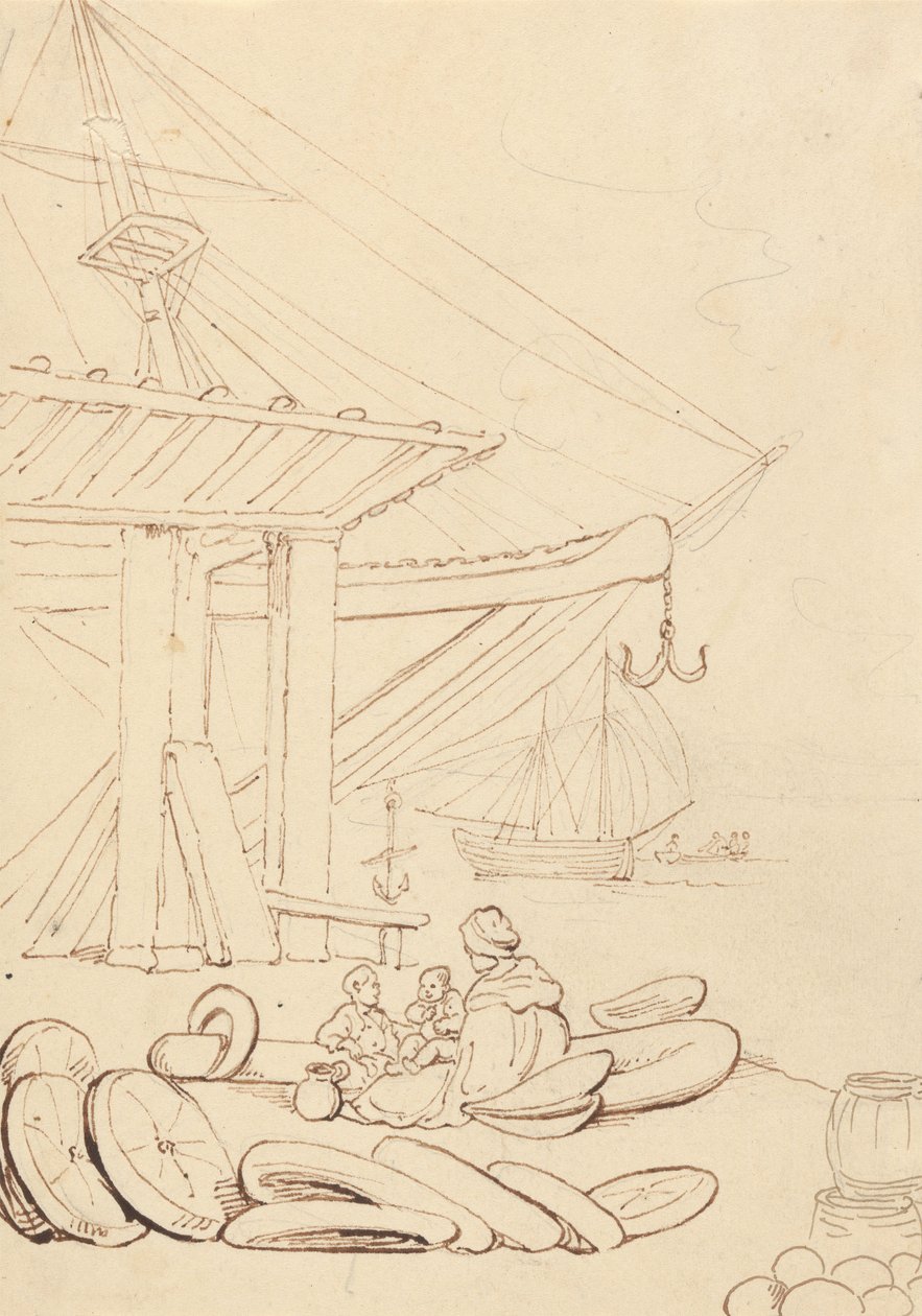 Skizze einer Frau und Kinder, die auf einem Schiffsanleger sitzen von Thomas Rowlandson