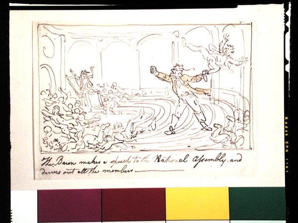 Der Baron hält eine Rede vor der Nationalversammlung und vertreibt alle Mitglieder von Thomas Rowlandson