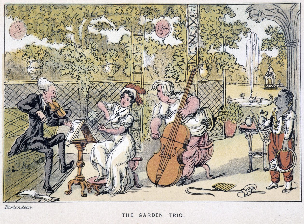 Der Doktor spielt Geige: „Das Gartentrio“ - in „Die drei Reisen des Doktor Syntax: auf der Suche nach dem malerischen Trost und einer Frau“ von William Combe, ill. Rowlandson von Thomas Rowlandson