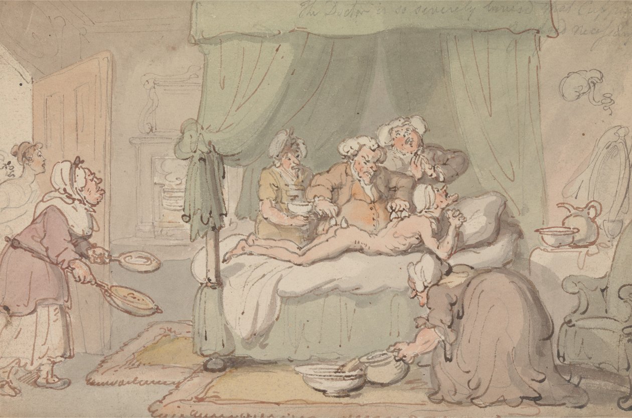 Der Doktor ist so schwer verletzt, dass Schröpfen als notwendig erachtet wird von Thomas Rowlandson