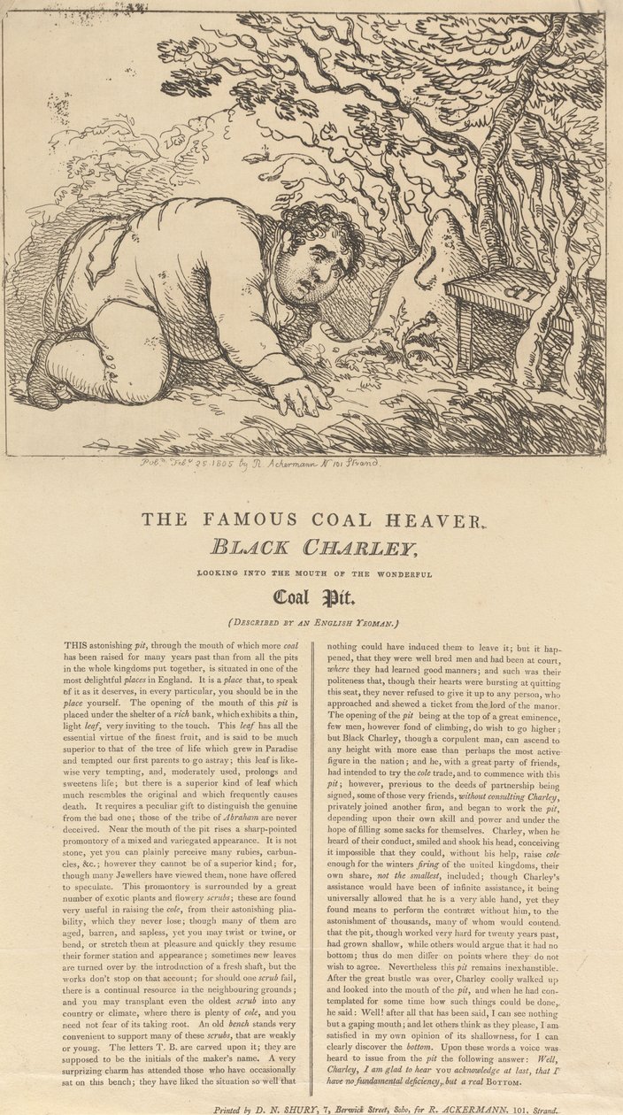 Der berühmte schwarze Kohlenhauer, Schwarzer Charley, schaut in den Mund der wunderbaren Kohlenmine von Thomas Rowlandson