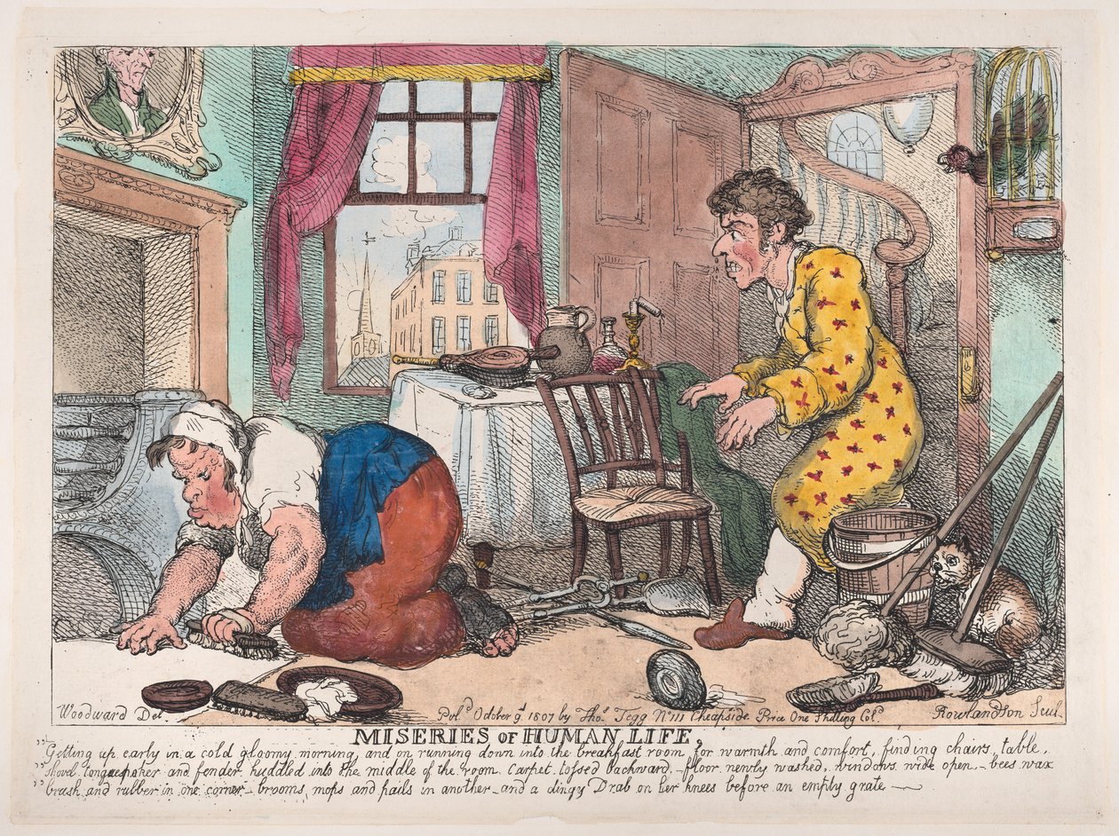 Die Miseren des menschlichen Lebens: Früh aufstehen an einem kalten, düsteren Morgen von Thomas Rowlandson