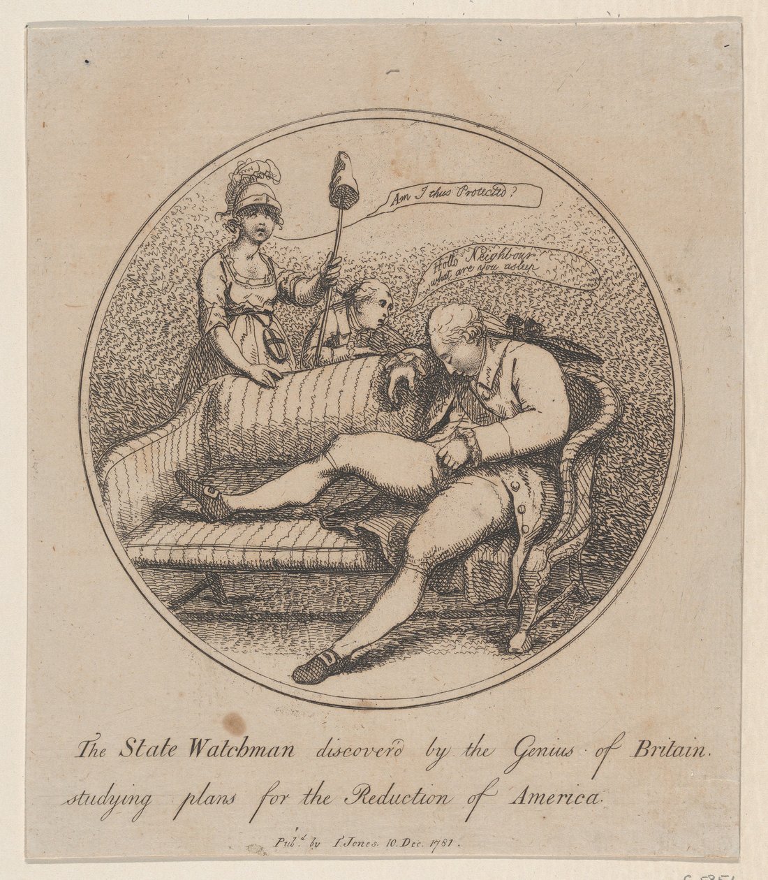 Der Staatswächter entdeckt vom Genie Britanniens, das Pläne studiert für... von Thomas Rowlandson