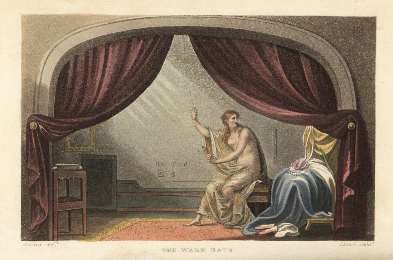 Das warme Bad: nackte Frau nimmt ein Bad hinter Vorhängen in einem Regency-Zimmer. Soll ein Porträt von Mary Robinson, der Geliebten von König George IV., sein. Handkolorierte Kupferstichgravur von Thomas Rowlandson, Aquatinta von J. Bluck, nach einer Skiz von Thomas Rowlandson