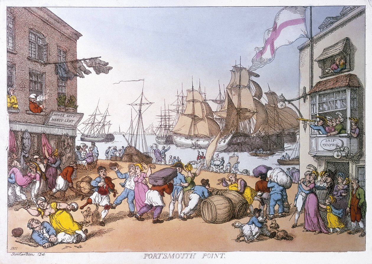 Der Bezirk Portsmouth, Karikatur, die Aktivitäten dieses englischen Hafens beschreibend von Thomas Rowlandson