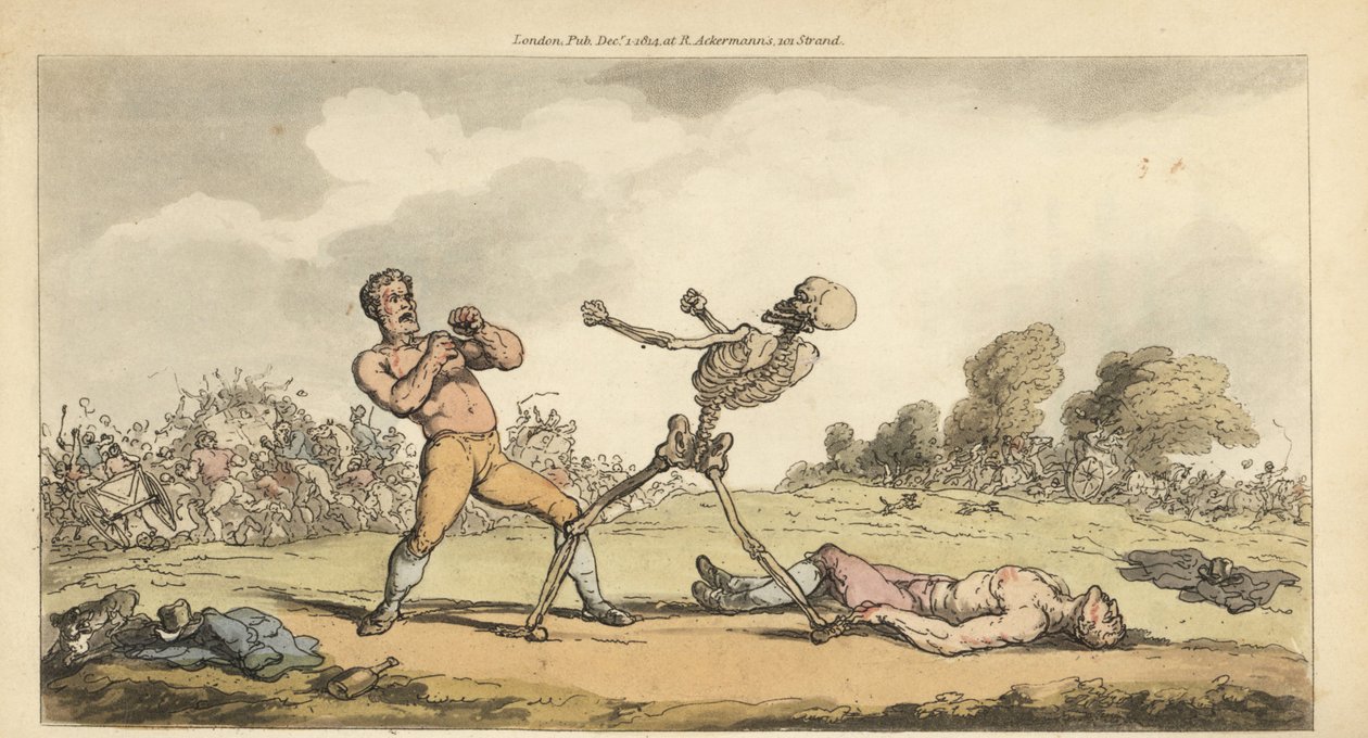 Das Skelett des Todes boxt mit einem Faustkämpfer, während ein anderer Boxer am Boden liegt und die Menge in Panik flieht. Handkolorierte Kupferstichzeichnung und -gravur von Thomas Rowlandson von Thomas Rowlandson