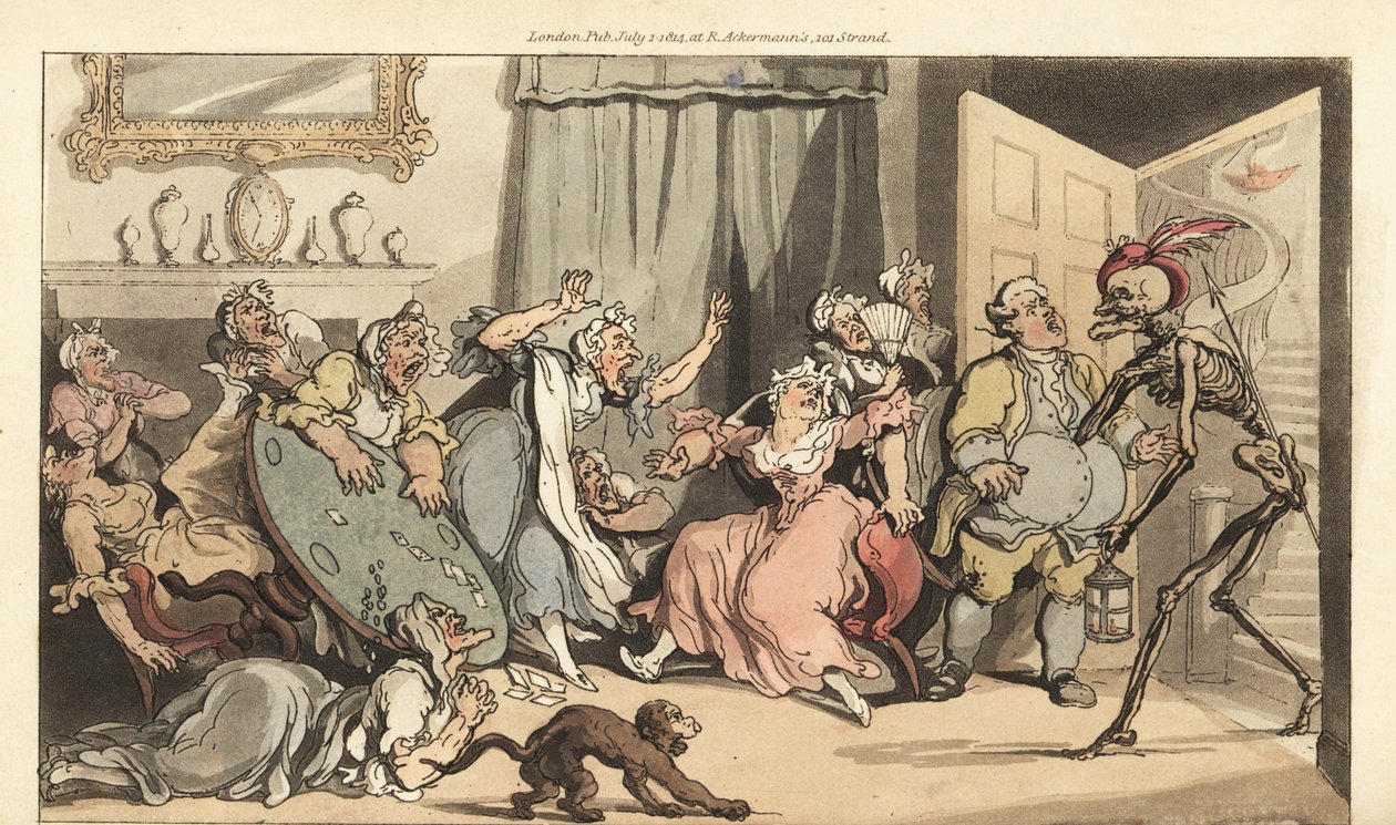 Das Skelett des Todes kommt für Miss Mustard, eine der alten Jungfern, die im Salon Karten spielen. Handkolorierte Kupferplatte, gezeichnet und graviert von Thomas Rowlandson aus The English Dance of Death, Ackermann, London von Thomas Rowlandson