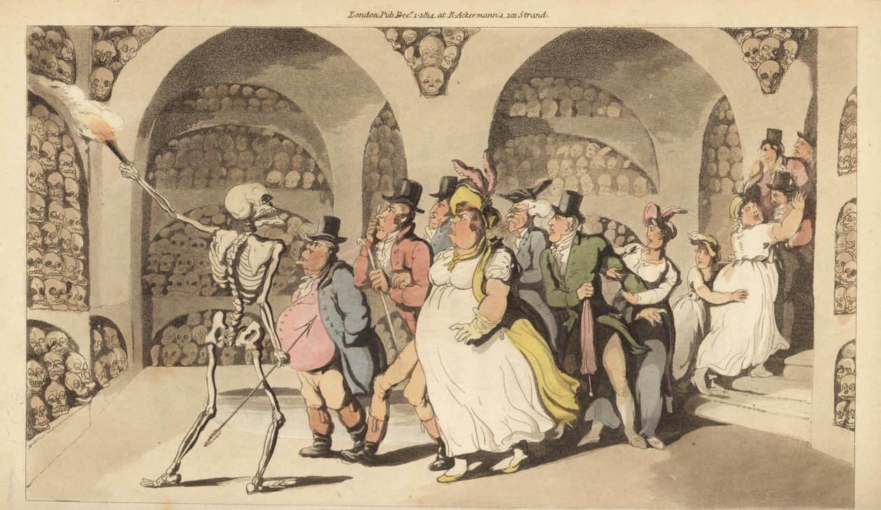 Das Skelett des Todes führt eine Gruppe von Touristen durch die Katakomben in Paris. Handkolorierte Kupferstichzeichnung und -gravur von Thomas Rowlandson von Thomas Rowlandson