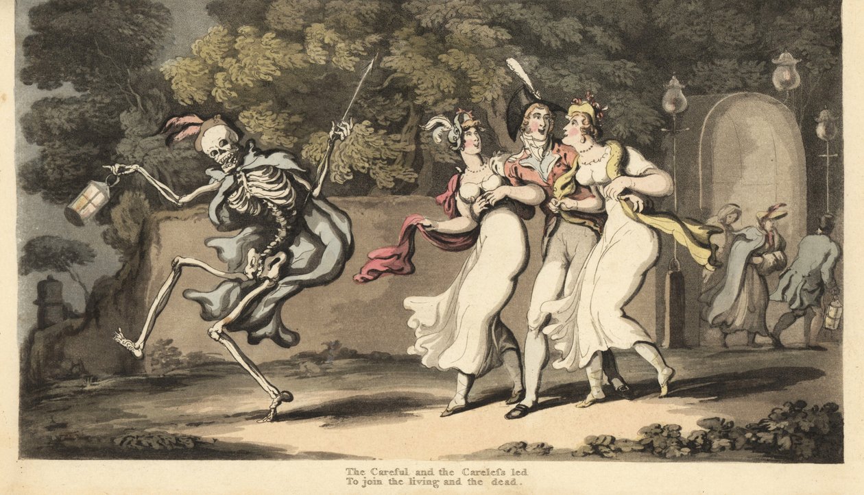 Der Tod in Mantel und Mütze tanzt mit einer Laterne vor einem Dandy in Uniform und zwei Schönheiten in Musselinkleidern und Schals. Handkolorierter Kupferstich von Thomas Rowlandson aus The English Dance of Death von Thomas Rowlandson