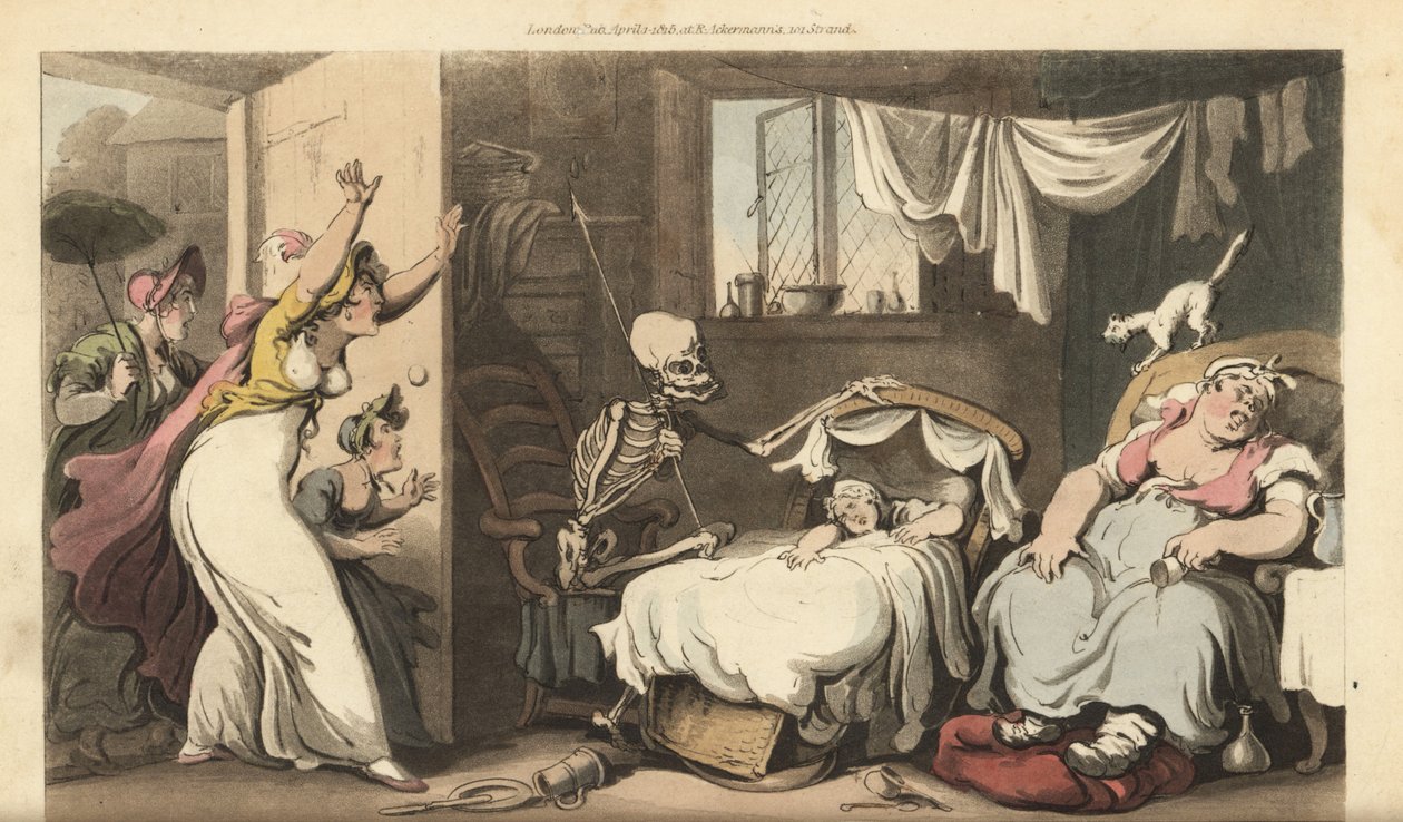 Der Skelett des Todes wiegt die Wiege eines Babys, während die Nanny schläft und die verzweifelte Mutter nach Hause kommt. Handkolorierte Kupferplatte gezeichnet und graviert von Thomas Rowlandson aus The English Dance of Death, Ackermann, London von Thomas Rowlandson