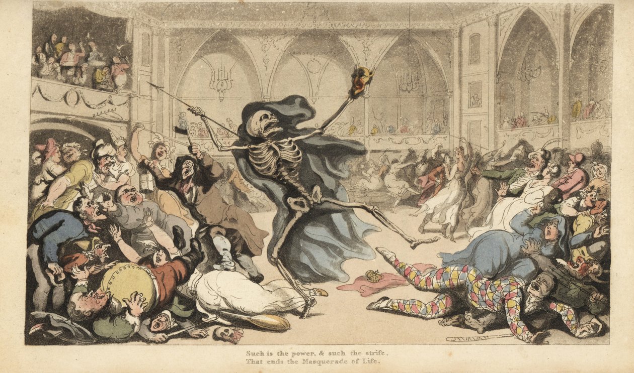 Das Skelett des Todes mit seiner Lanze verursacht einen Aufruhr unter den Harlekinen, Jockeys, Nonnen, Türken und Narren auf einem Maskenball. Handkolorierte Kupferstichzeichnung und -gravur von Thomas Rowlandson von Thomas Rowlandson