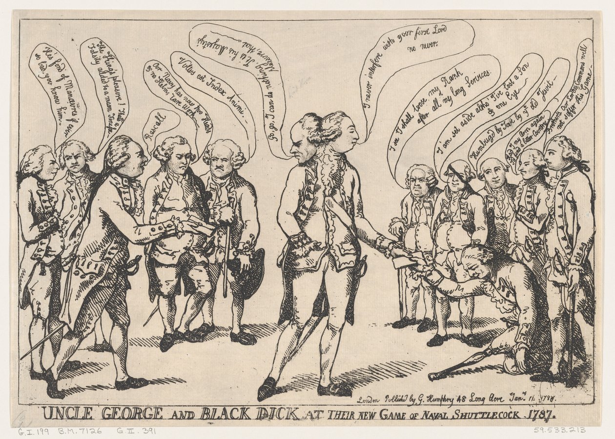 Onkel George und Schwarzer Dick bei ihrem neuen Spiel des Marine-Federballs von Thomas Rowlandson