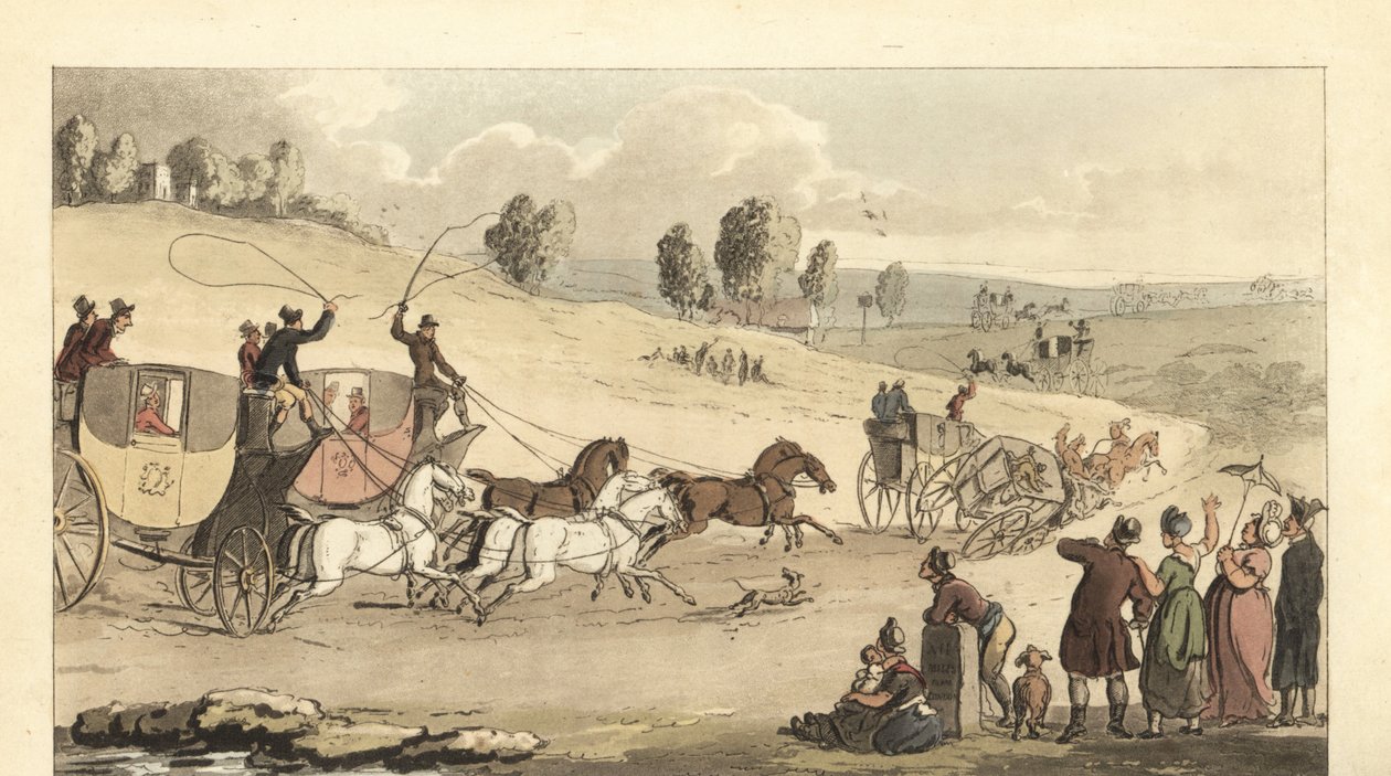 Junge englische Gentlemen fahren vierspännige Kutschen auf einer Straße von Thomas Rowlandson