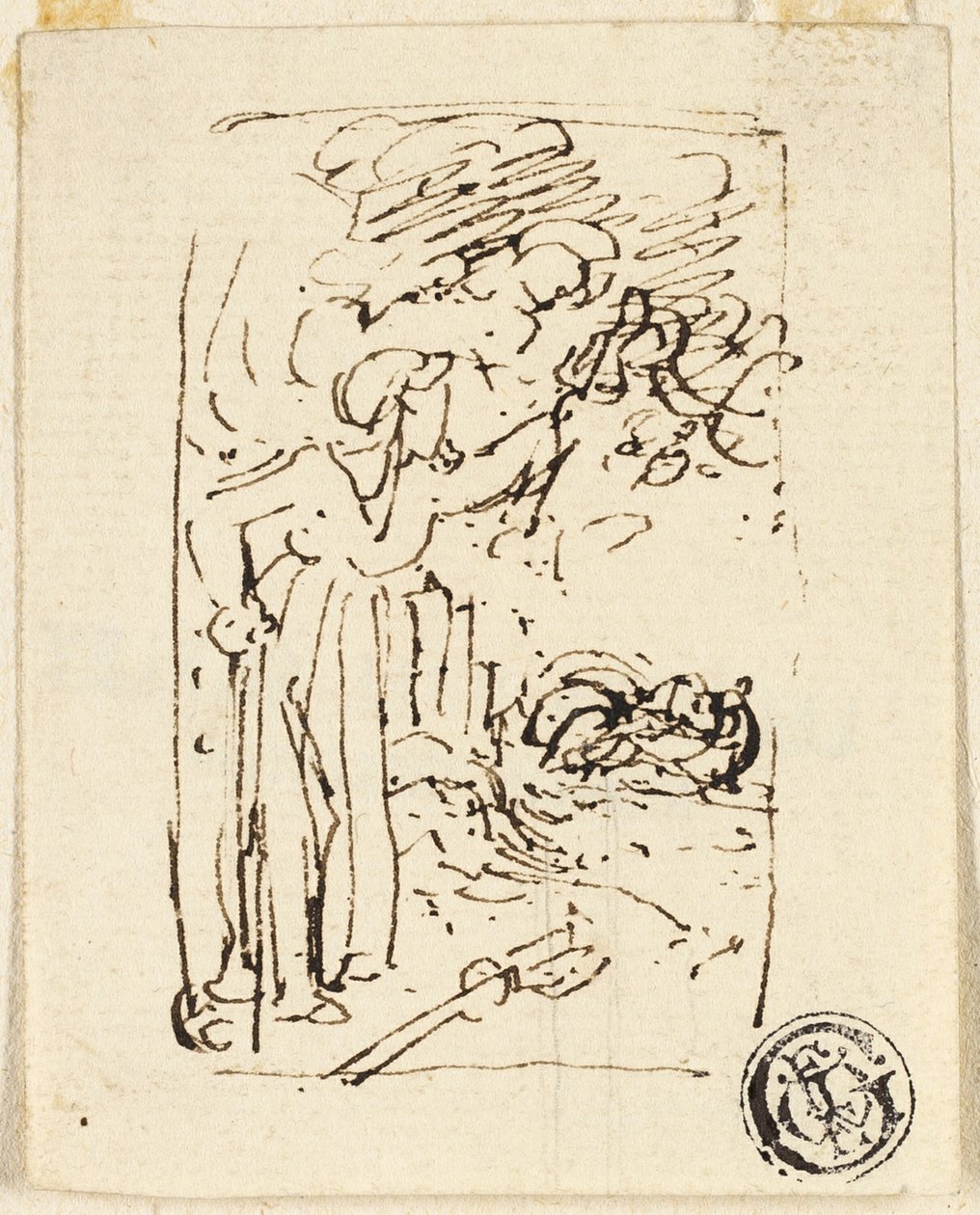 Skizze einer Figur, die sich auf einen Stock stützt von Thomas Stothard