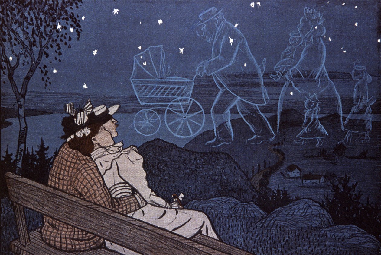Paar im Freien, das seine Zukunft in den Sternen betrachtet: Kinder, Familie. Illustration von Th.Th. Heine in: Simplicissimus, Deutschland von Thomas Theodor Heine