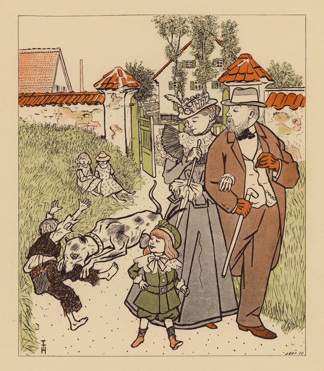 Familie beim Spaziergang beobachtet ihren Hund, der einem schmutzigen Bengel ins Bein beißt von Thomas Theodor Heine