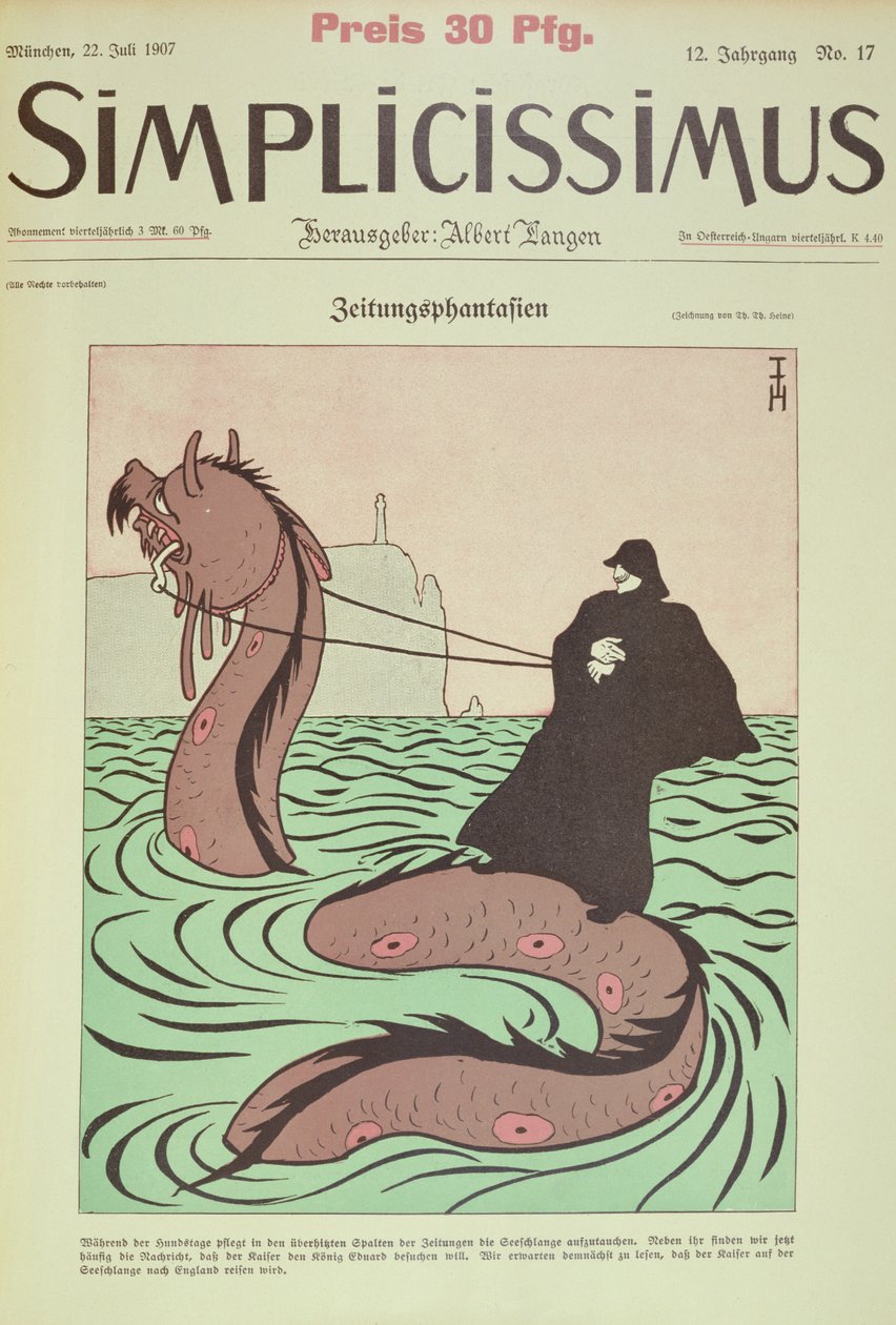 Kaiser reitet die Seeschlange nach England, Titelillustration aus Simplicissimus von Thomas Theodor Heine