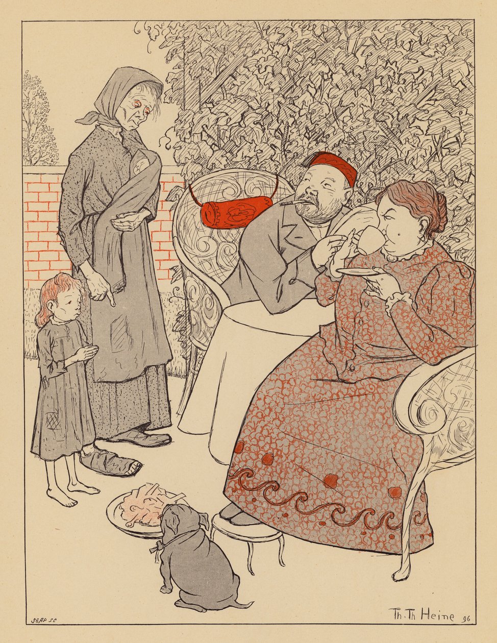 Arme Frau fragt, ob sie und ihr Kind Reste von einer Hundemahlzeit haben können von Thomas Theodor Heine