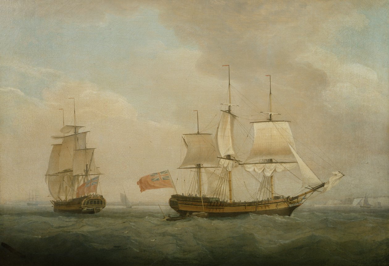 Ein Handelsschiff in zwei Positionen vor der Südküste von Thomas Whitcombe