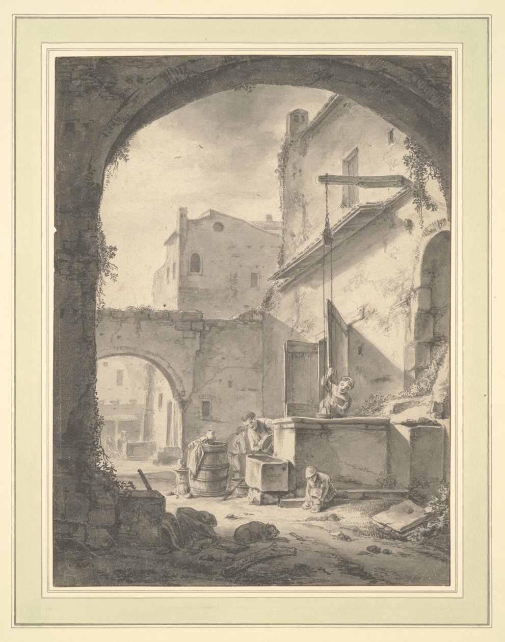 Blick in einen Hof mit einer Familie am Brunnen von Thomas Wyck