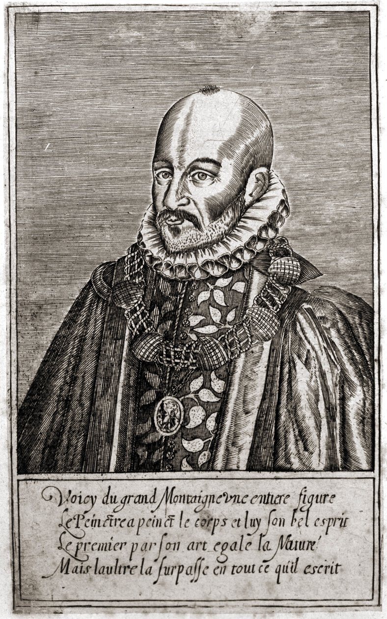 Porträt von Michel de Montaigne (1533-1592), französischer Schriftsteller. Gravur von Thomas de Leu (1560-1612). von Thomas de Leu