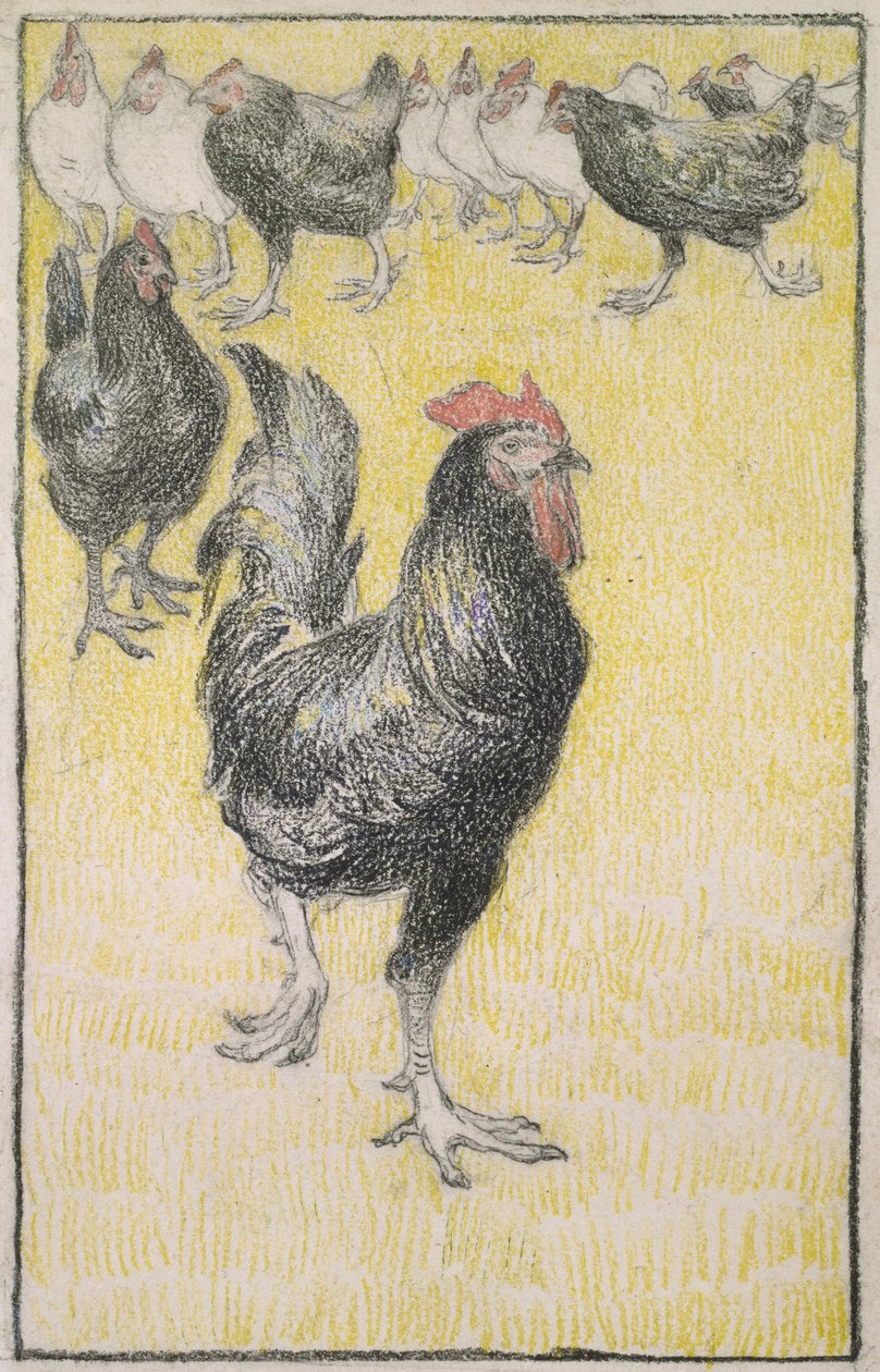 Hahn, gefolgt von schwarzen und weißen Hennen von Théophile Alexandre Steinlen