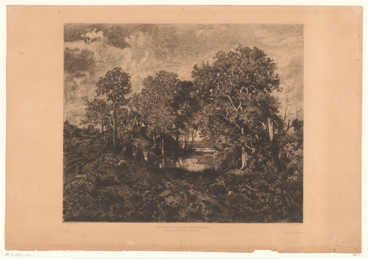 Ansicht des Waldes von Fontainebleau mit einer Figur bei einem Teich von Théophile Chauvel